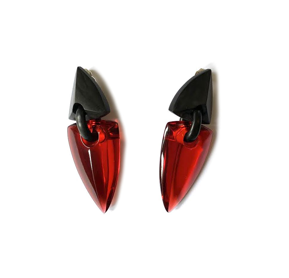 Monies Faceted Earrings in Red Polyester & Ebony
