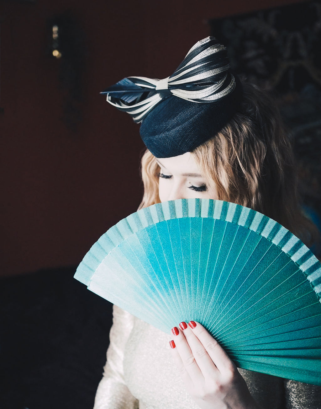 Kristina Dragomir Black Pillbox Hat with Striped Bow