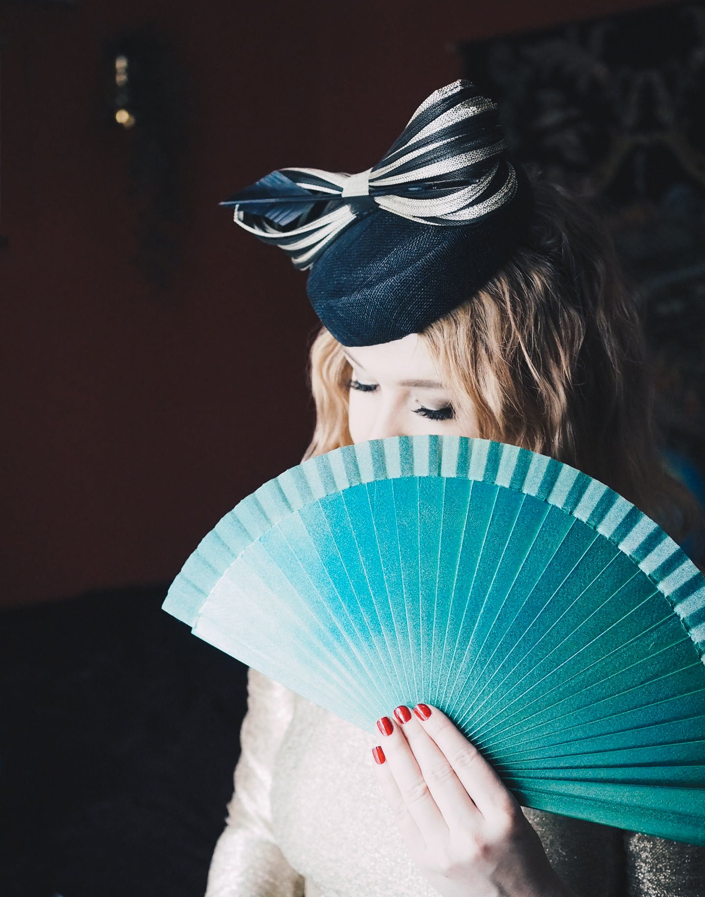 Kristina Dragomir Black Pillbox Hat with Striped Bow