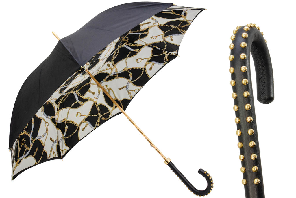 Pasotti Black Umbrella with Bridles Print, Double Cloth