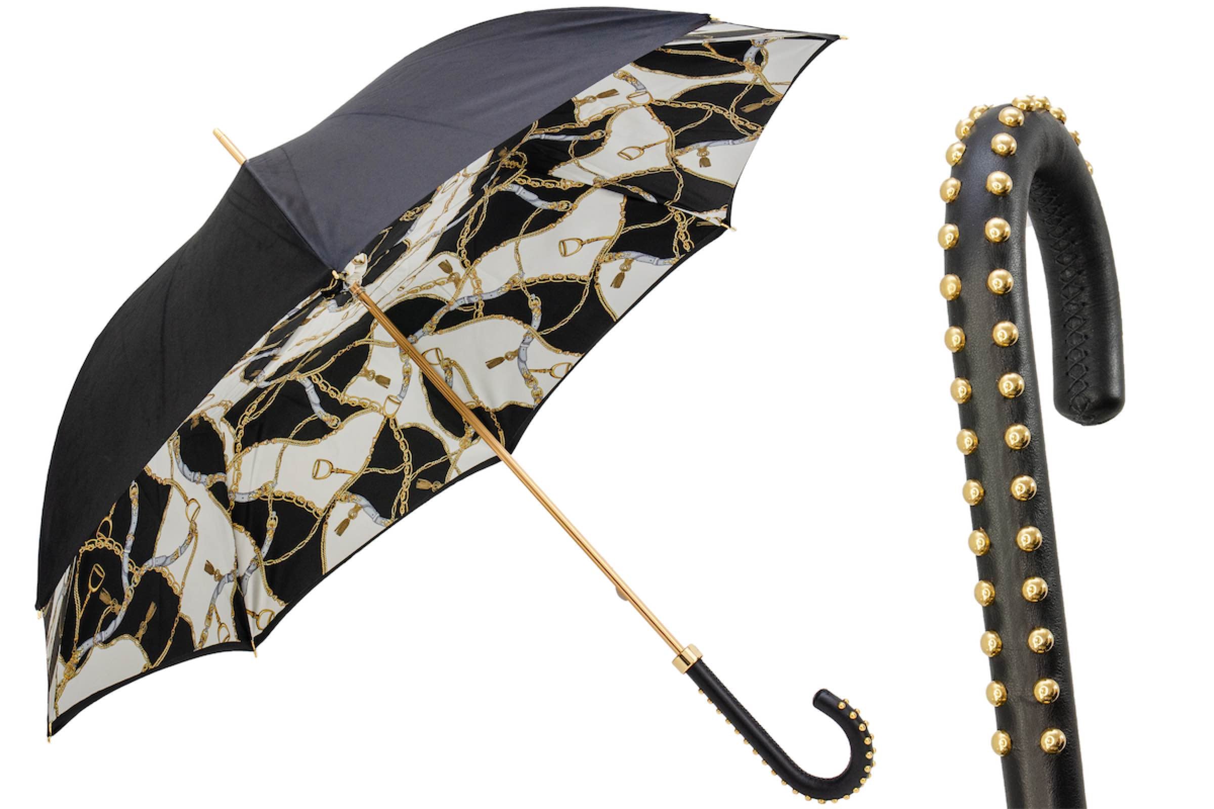 Pasotti Black Umbrella with Bridles Print, Double Cloth