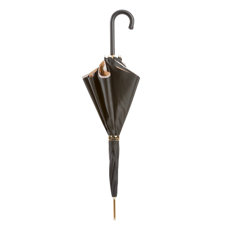 Pasotti Tartan-Lined Black Umbrella with Leather Handle
