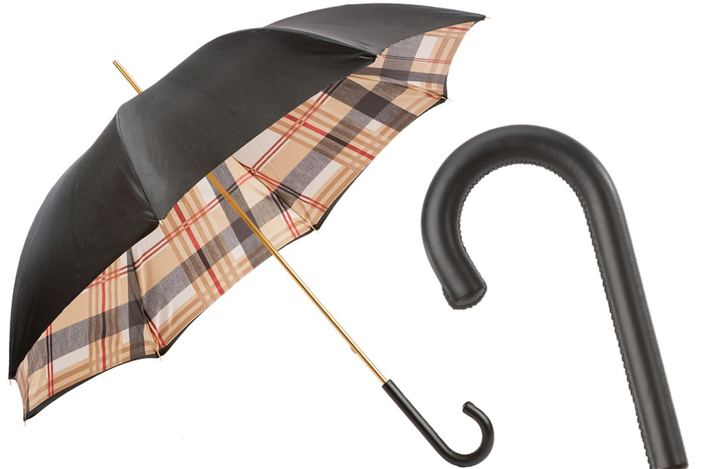 Pasotti Tartan-Lined Black Umbrella with Leather Handle