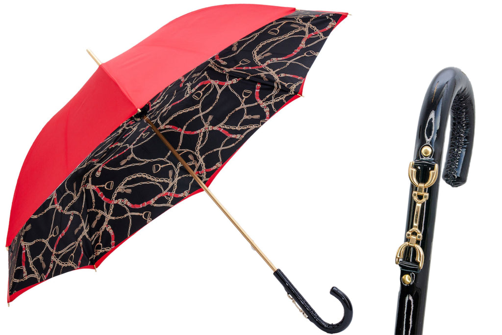 Pasotti Red/Black Umbrella with Bridles Print
