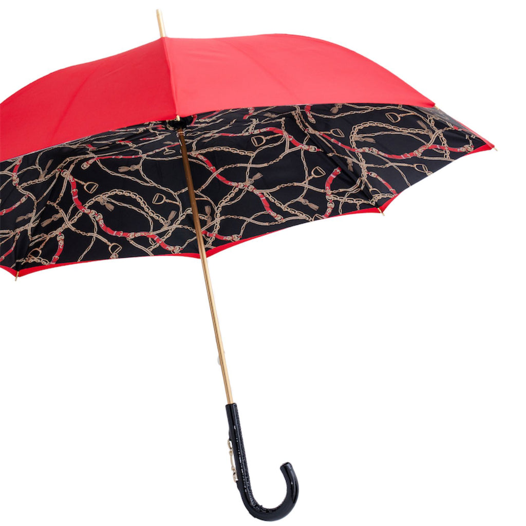 Pasotti Red/Black Umbrella with Bridles Print