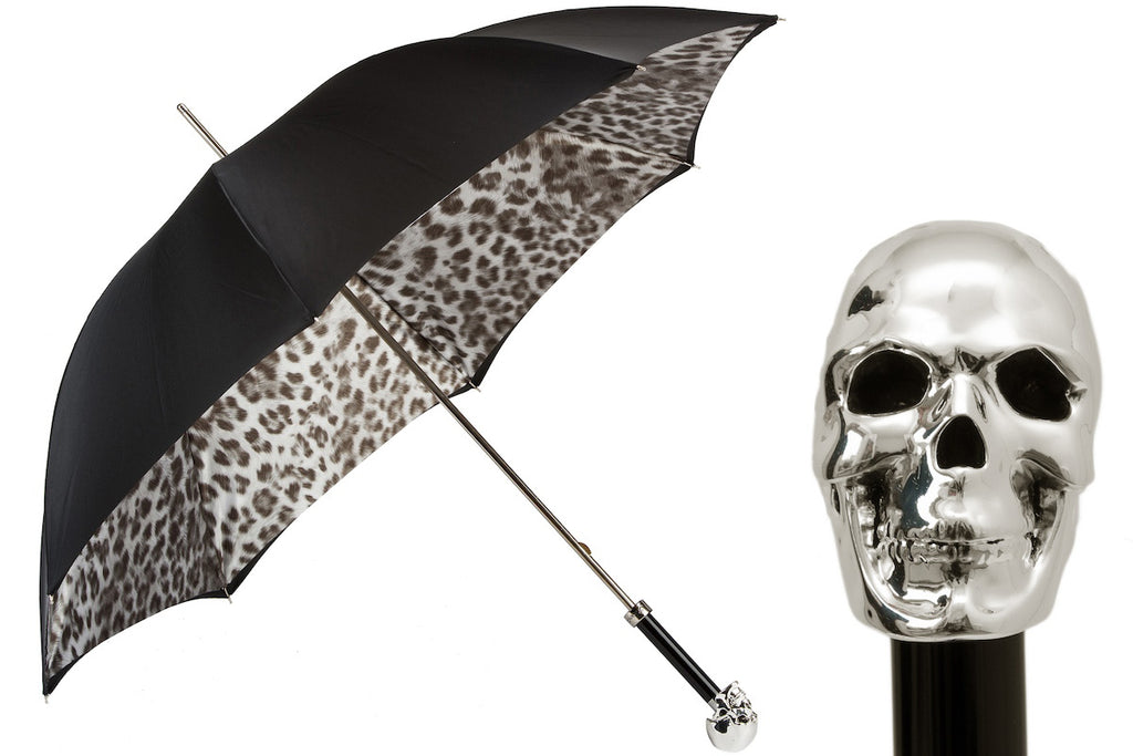Pasotti Grey Leopard Umbrella with Silver Skull Handle