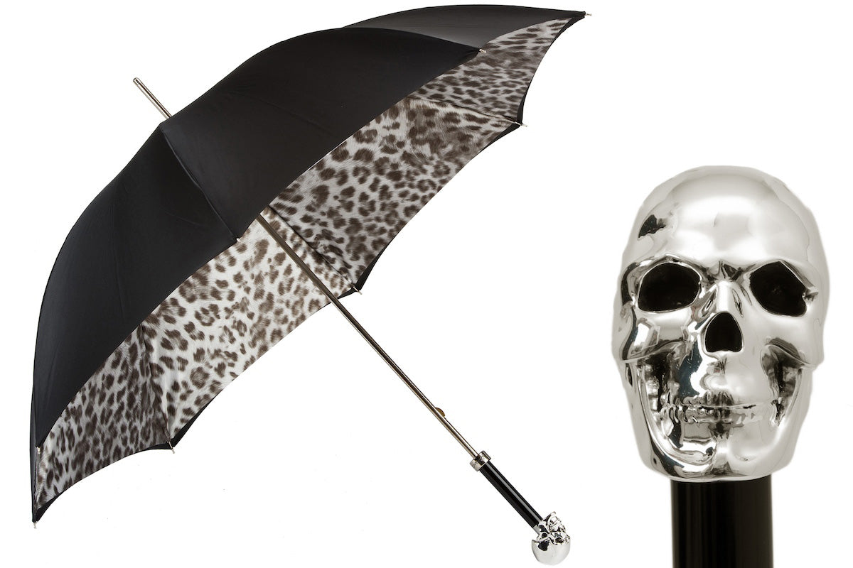 Pasotti Grey Leopard Umbrella with Silver Skull Handle