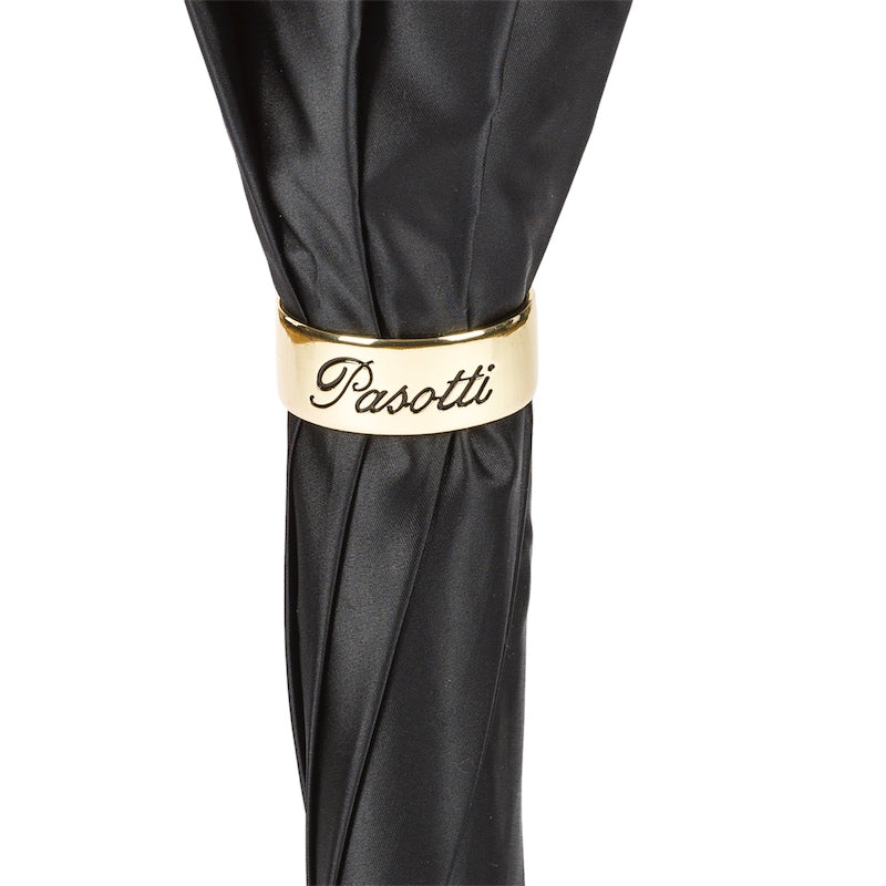 Pasotti Tartan-Lined Black Umbrella with Leather Handle