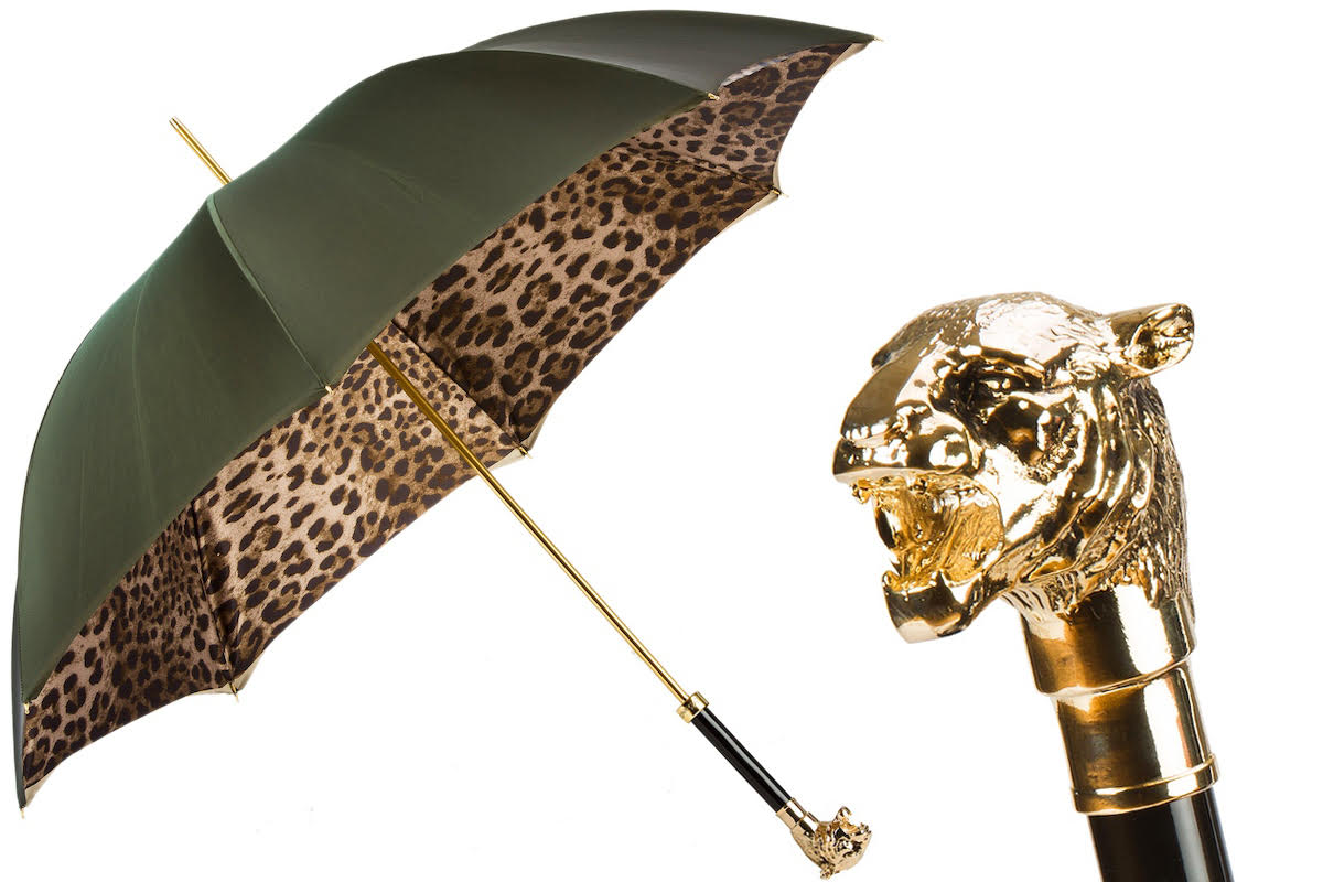 Pasotti Olive Green Umbrella with Golden Tiger Handle