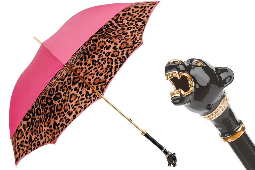 Pasotti Pink Animal Print Umbrella with Panther Handle