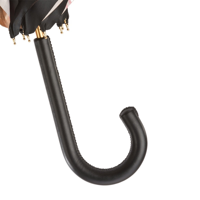 Pasotti Tartan-Lined Black Umbrella with Leather Handle