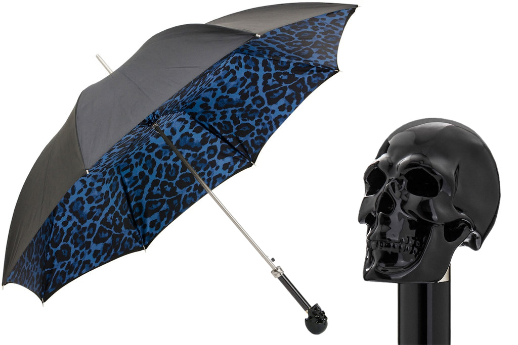 Pasotti Blue Leopard Umbrella with Black Skull Handle