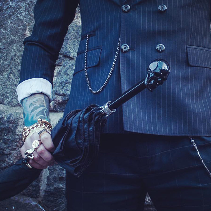 Pasotti Black Umbrella with Black Skull Handle