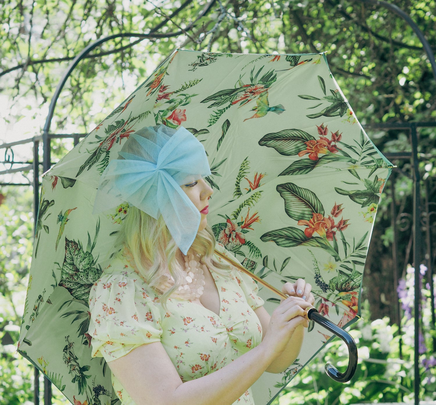 Pasotti Green Umbrella with Tropical Flowers