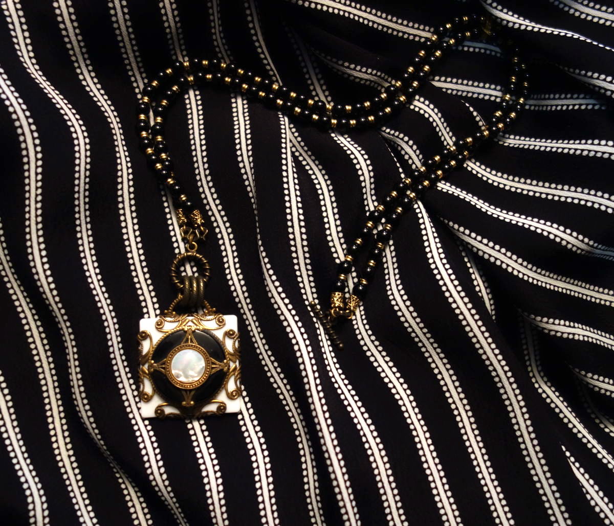 Patrice Onyx & Mother Of Pearl Square Filigree Necklace