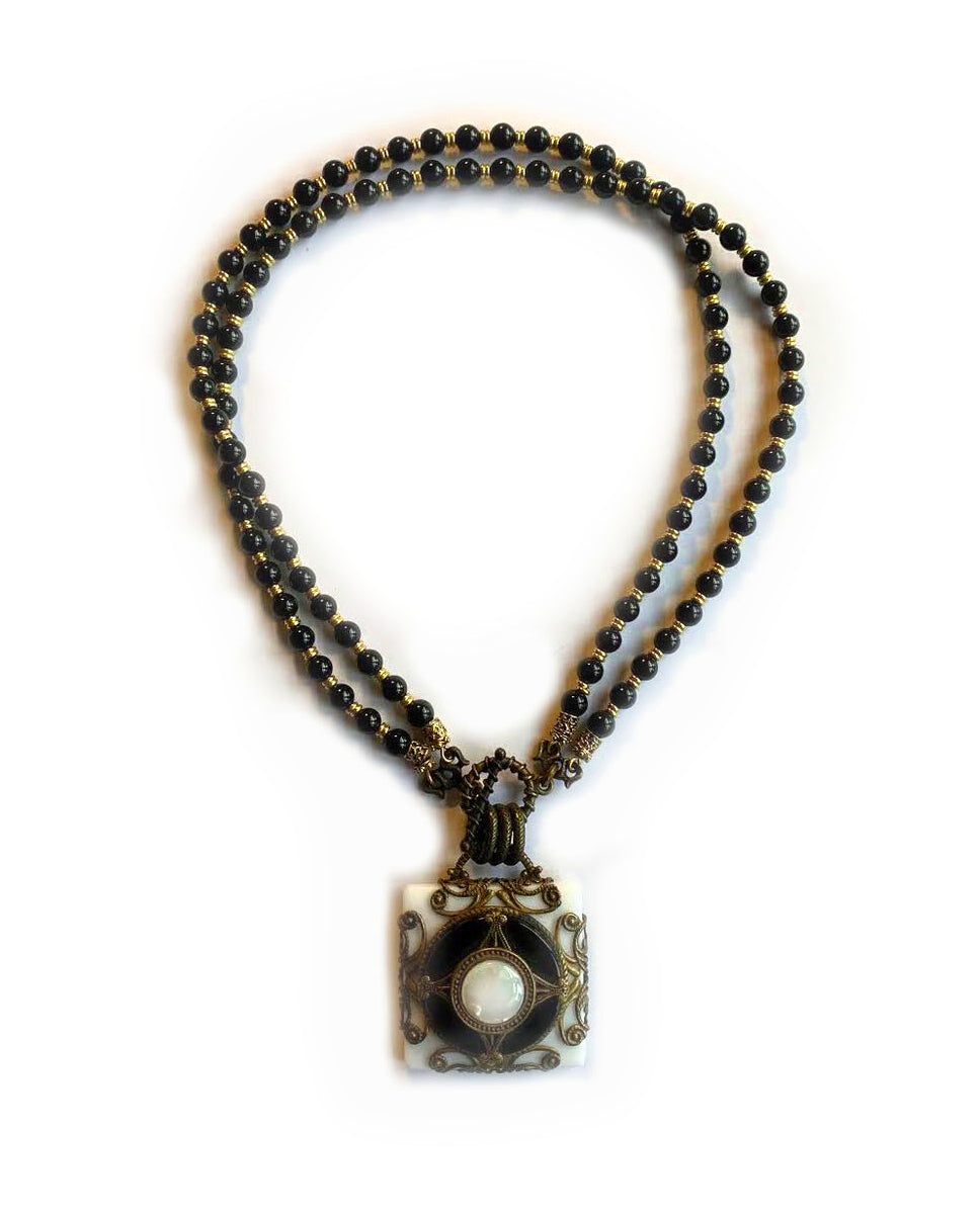 Patrice Onyx & Mother Of Pearl Square Filigree Necklace