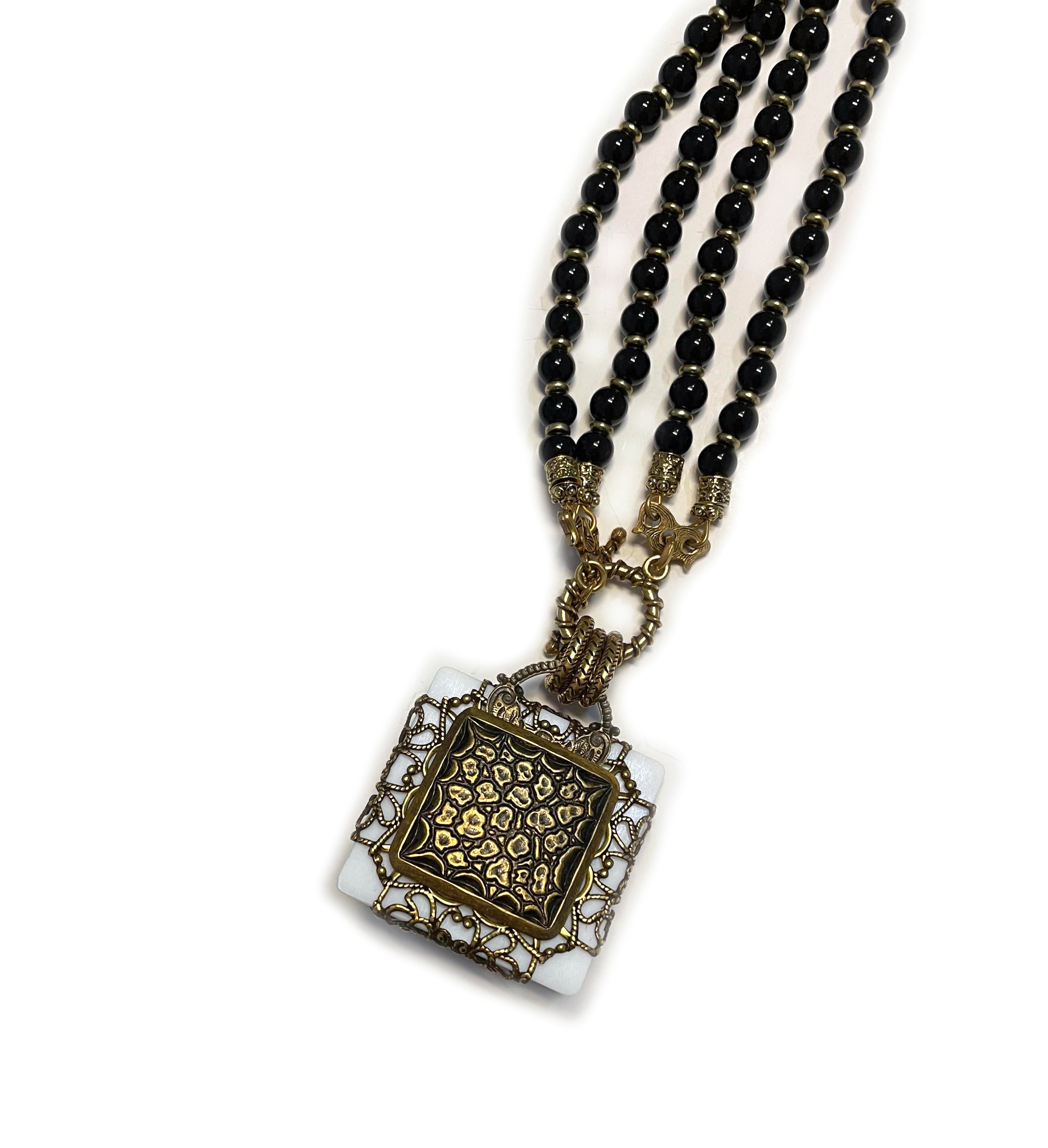 Patrice Onyx & Mother Of Pearl Square Filigree Necklace