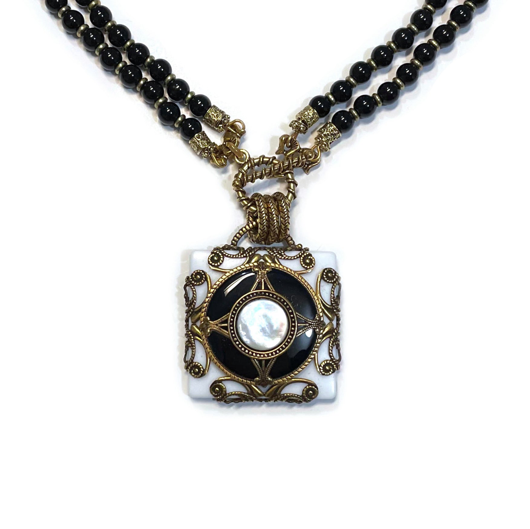 Patrice Onyx & Mother Of Pearl Square Filigree Necklace