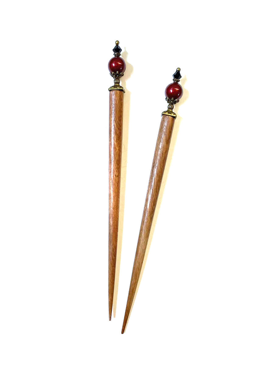 Hair Sticks with Burgundy Red Pearls & Crystals