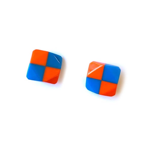 Marion Godart Check Earrings in Neon Orange & Blue