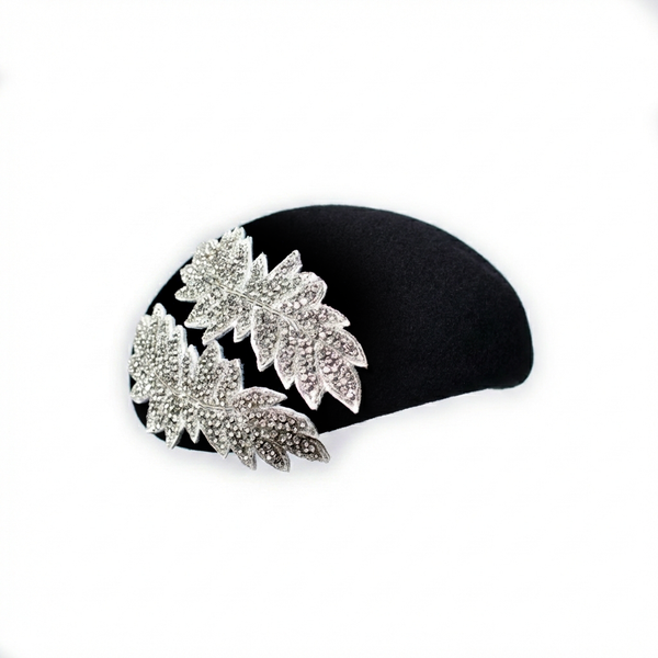 Misa Harada Elegant Black Beret with Crystal Leaf Motifs