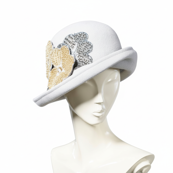 Misa Harada Pearl Grey Cloche Hat with Flowers