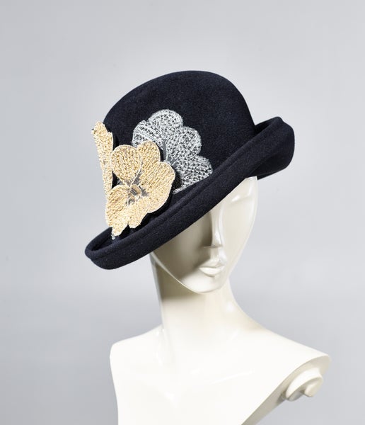 Misa Harada Black Cloche Hat with Flowers